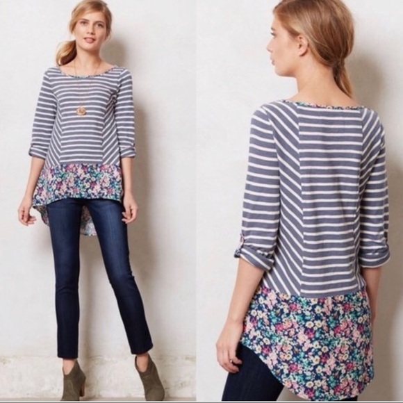 POSTMARK ANTHROPOLOGIE Striped Floral Tunic PEPLUM - Picture 1 of 10